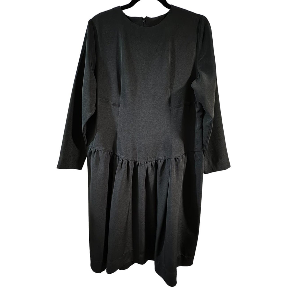 Women's Large Black Midi Long-Sleeved Taper and Flare Frilled Dress
